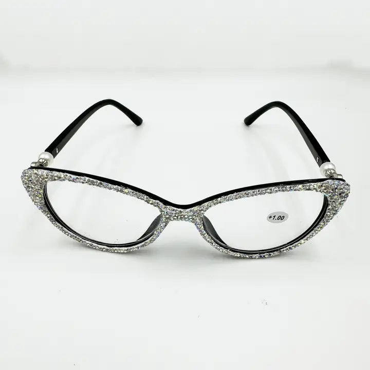 Sequin Readers Eyeglasses - Handmade AB Crystal Rhinestone Readers On a Black Frame