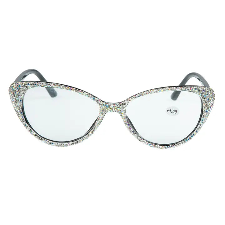 Sequin Readers Eyeglasses - Handmade AB Crystal Rhinestone Readers On a Black Frame