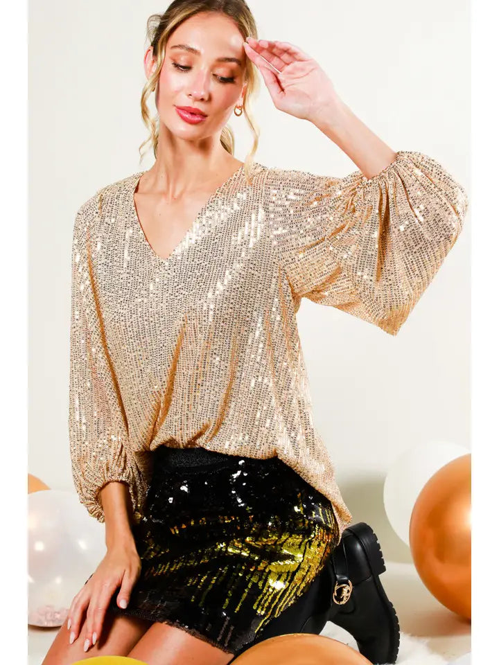 Top NEW ARRIVAL Dressy - V-Neck Balloon Sleeves Sequin Detail Blouse in Burgundy or Gold - Sizes Small to Large