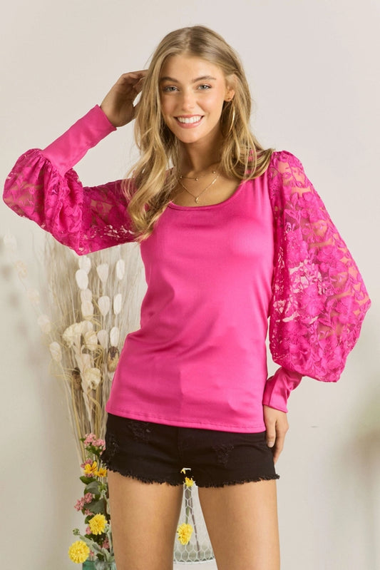 Sale Clearance - Fuchsia Silky Knit Top with Sheer Lace Puff Long Sleeve