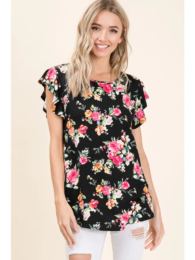 Top NEW ARRIVAL - Floral Ruffle Sleeve Top on Black Background