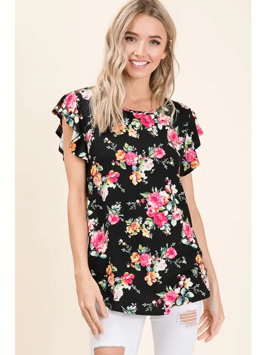 Top NEW ARRIVAL - Floral Ruffle Sleeve Top on Black Background