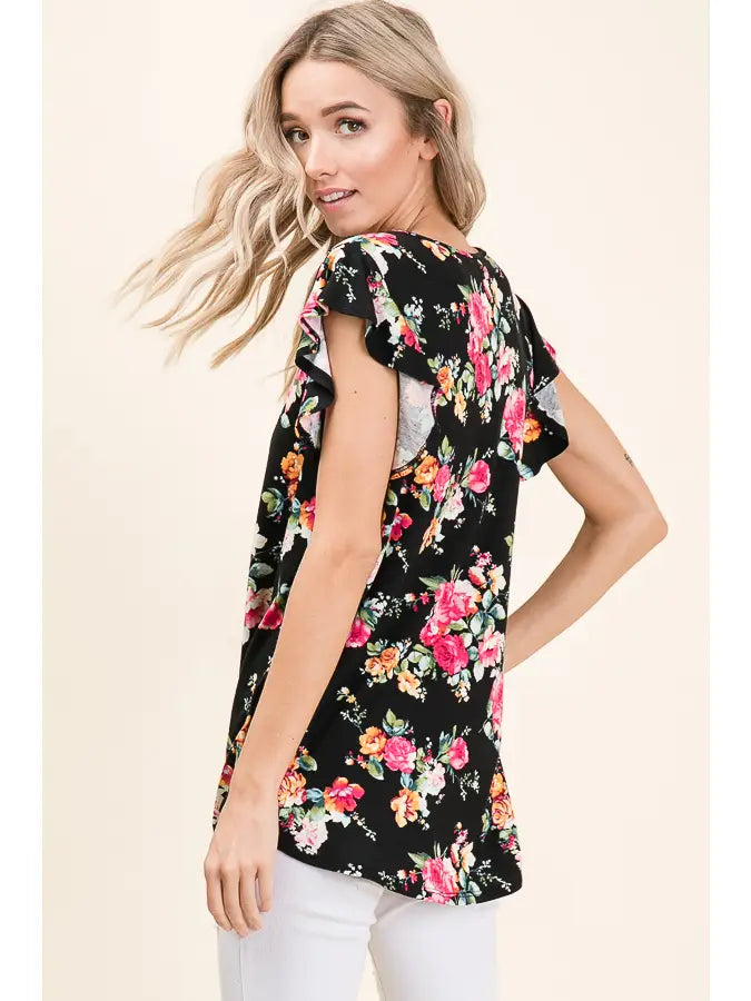 Top NEW ARRIVAL - Floral Ruffle Sleeve Top on Black Background