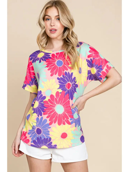 Top NEW ARRIVAL - Brightly Colored Floral Everyday Relaxed Top