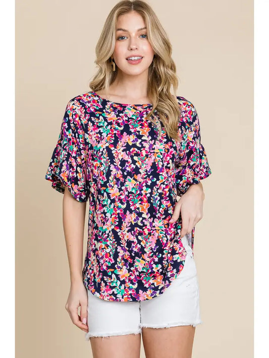 Top NEW ARRIVAL - Multi Color Criss Cross Design Short Sleeve Ruffle Top