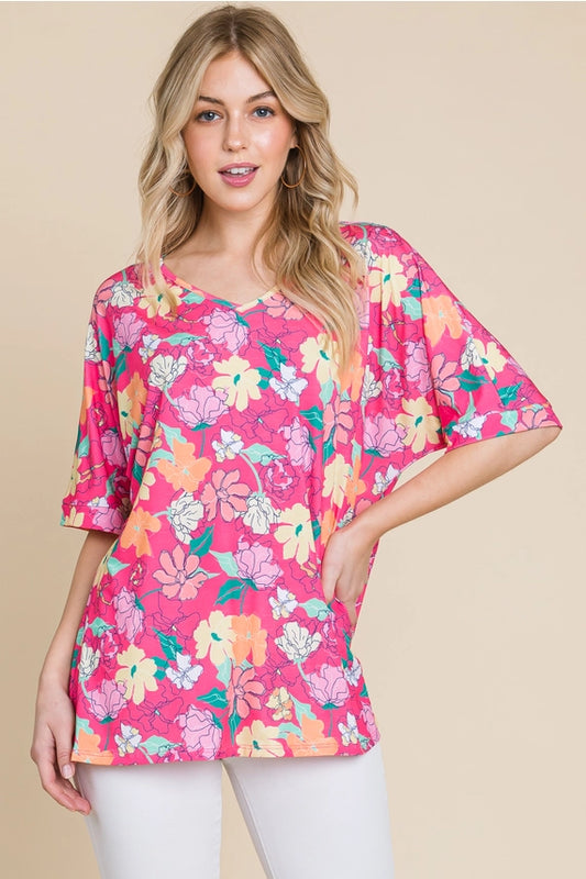 Top NEW ARRIVAL - Relaxed V-Neck Multi-Color Floral Top