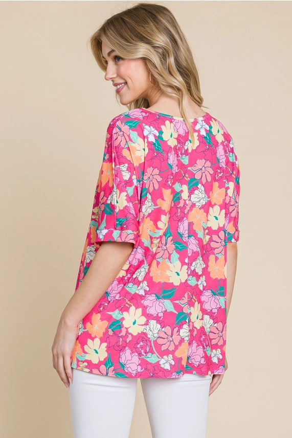 Top NEW ARRIVAL - Relaxed V-Neck Multi-Color Floral Top