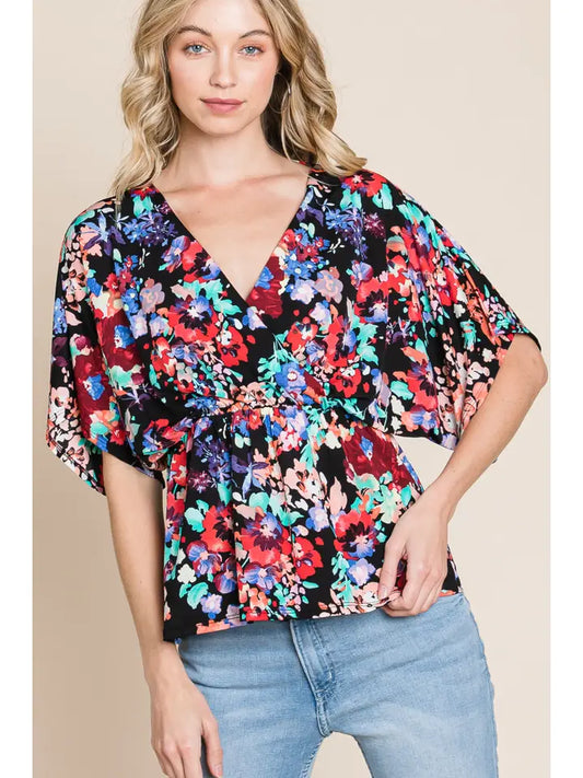 Top NEW ARRIVAL - Vivid Floral Wrap Front Top