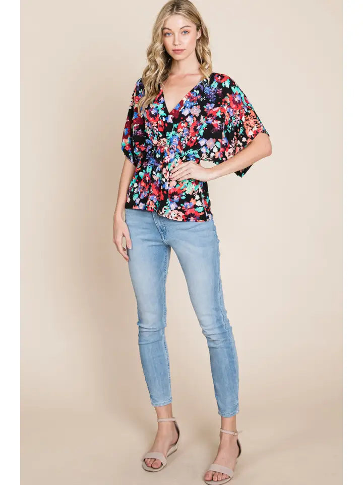 Top NEW ARRIVAL - Vivid Floral Wrap Front Top