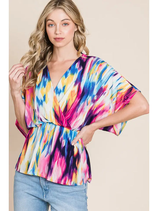 Top NEW ARRIVAL - Bright Watercolor Print Multi-Color Wrap Blouse