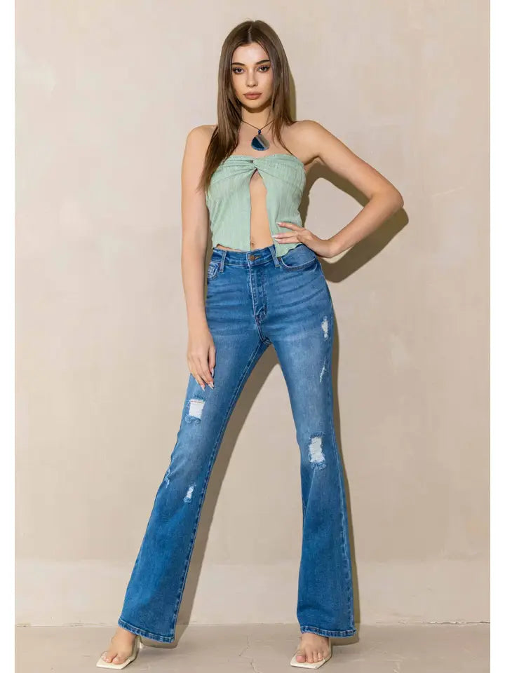 HIGH RISE STRETCHY DISTRESSED BOOTCUT JEANS | SIZES 7 ONLY