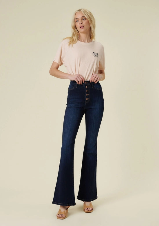JEANS NEW ARRIVAL - Nora Button Front Stretchy Dark Denim Flare Jeans - Sizes 3-15