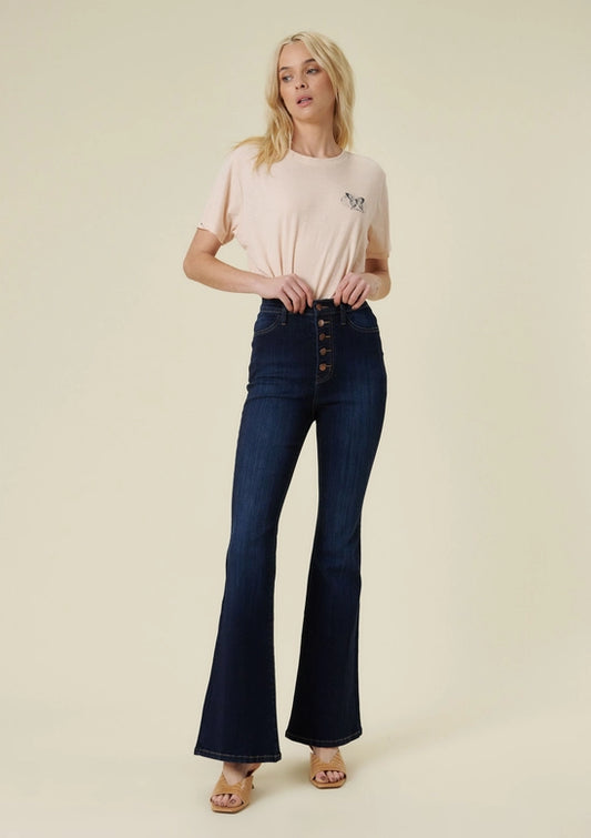 JEANS - Super Flattering & Stretchy Button Front Dark Denim Flare Jeans