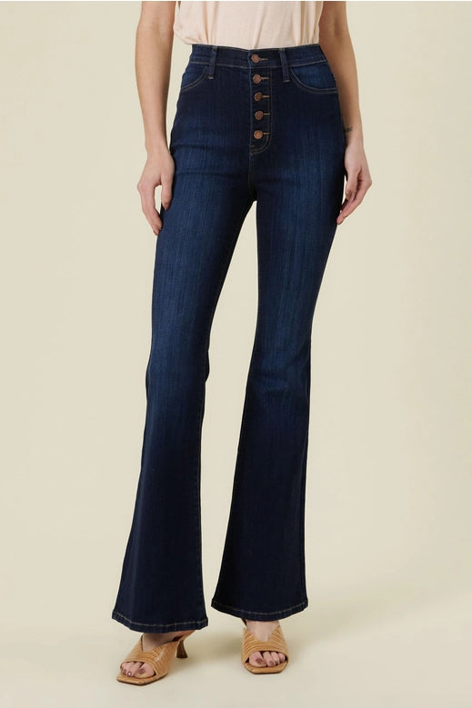 JEANS NEW ARRIVAL - Nora Button Front Stretchy Dark Denim Flare Jeans - Sizes 3-15