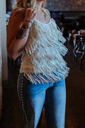 Merigold Kiss White Fringe Tank Top | Sleeveless Spaghetti Strap Dressy Top