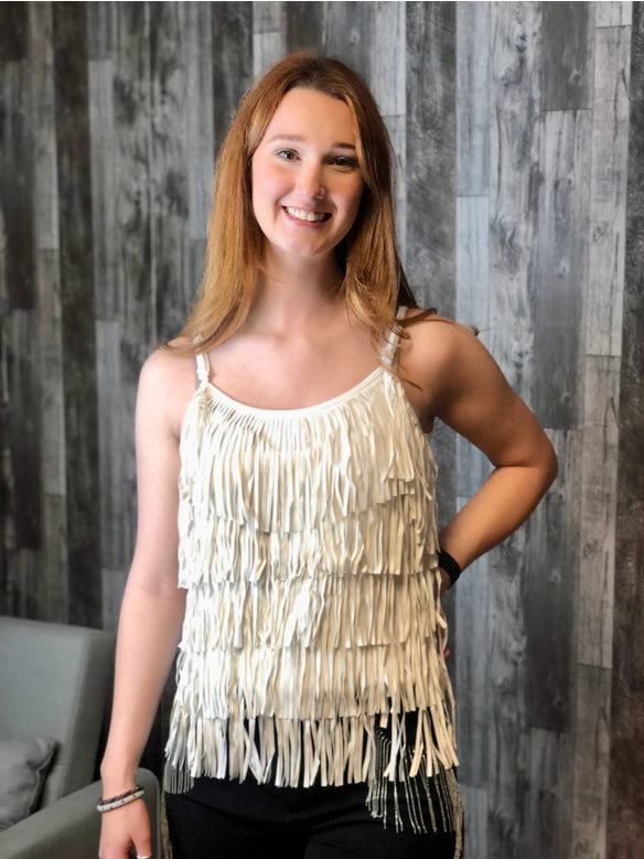 Merigold Kiss White Fringe Tank Top | Sleeveless Spaghetti Strap Dressy Top