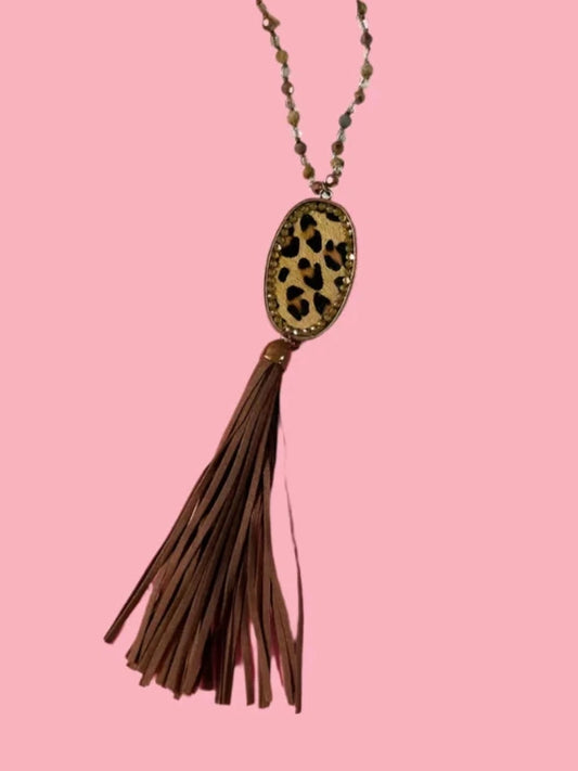Jewelry Necklace NEW ARRIVAL - Honey Crystal Long Necklace with Oval Pendant Adorned with Animal Print & Rhinestones