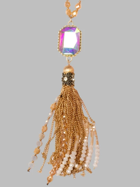 Jewelry Necklace - Ivory, Beige & Gold Crystal Necklace with Austrian Crystal Pendant