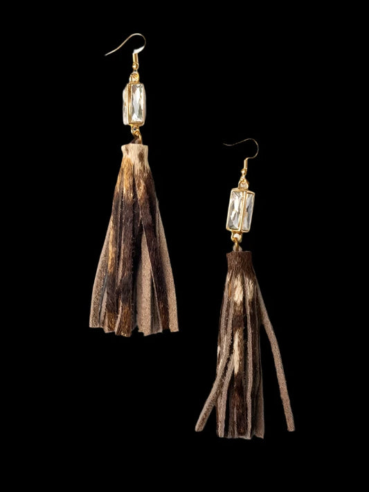 Jewelry Earrings - CRYSTAL STUD WITH BROWN COWHIDE TASSEL DANGLE EARRINGS