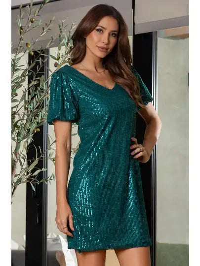 DRESS NEW ARRIVAL Dressy - Sequin Puff Short Sleeve Dark Green Dress - Sizes Small to Large
