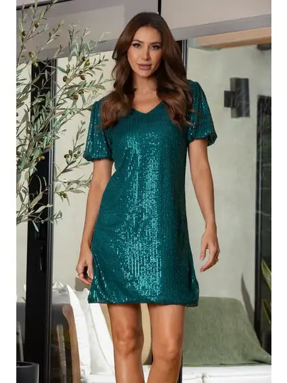 DRESS NEW ARRIVAL Dressy - Sequin Puff Short Sleeve Dark Green Dress - Sizes Small to Large