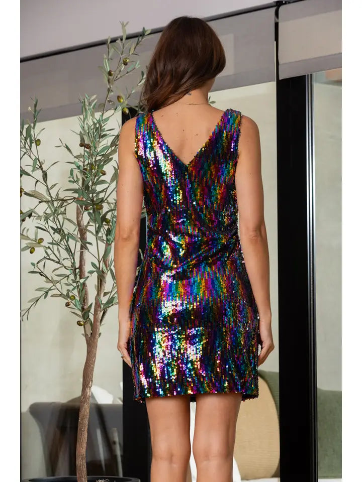 DRESS NEW ARRIVAL - SEQUIN V-NECK SLEEVELESS MINI DRESS Multi Color - Sizes Small - Large