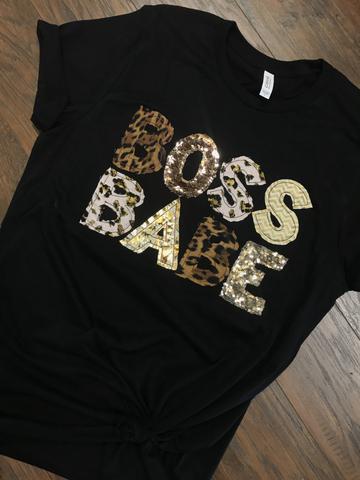 Plus & Reg Size "BOSS BABE" T-SHIRT Lettering in Sequin/Metallic/Animal Print | Charlotte's Classy Closet