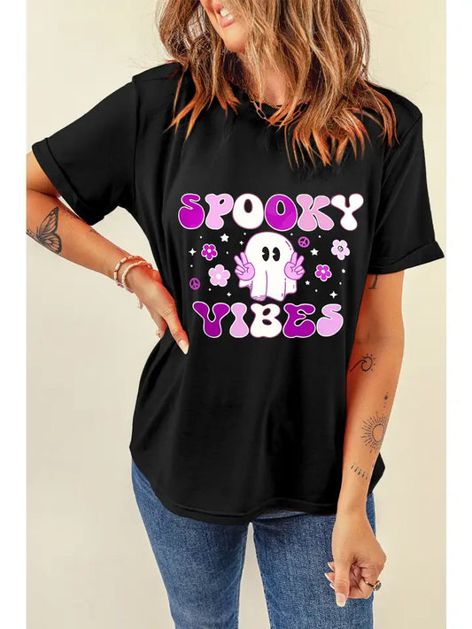 SALE Clearance - SPOOKY VIBES Ghost Flower Print Crew Neck T Shirt