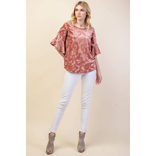 STUNNING PRINT 3/4 WATERFALL RUFFLE SLEEVE DRESSY TOP | Black or Mauve Color |  Charlotte’s Classy Closet