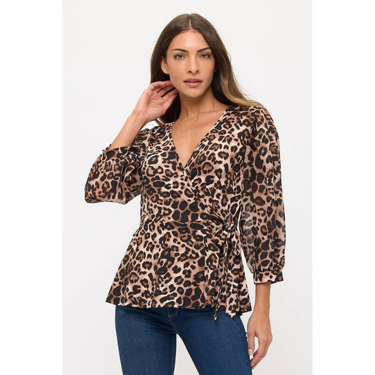 ANIMAL PRINT SELF TIE WRAP 3/4 PUFF SLEEVE WOMEN'S TOP | Charlotte's Classy Closet