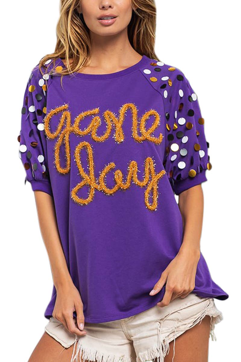 Game Day Metallic Letter Spangle Sparkles on Sleeve Top Purple & Gold or Black & Gold | Charlotte's Classy Closet