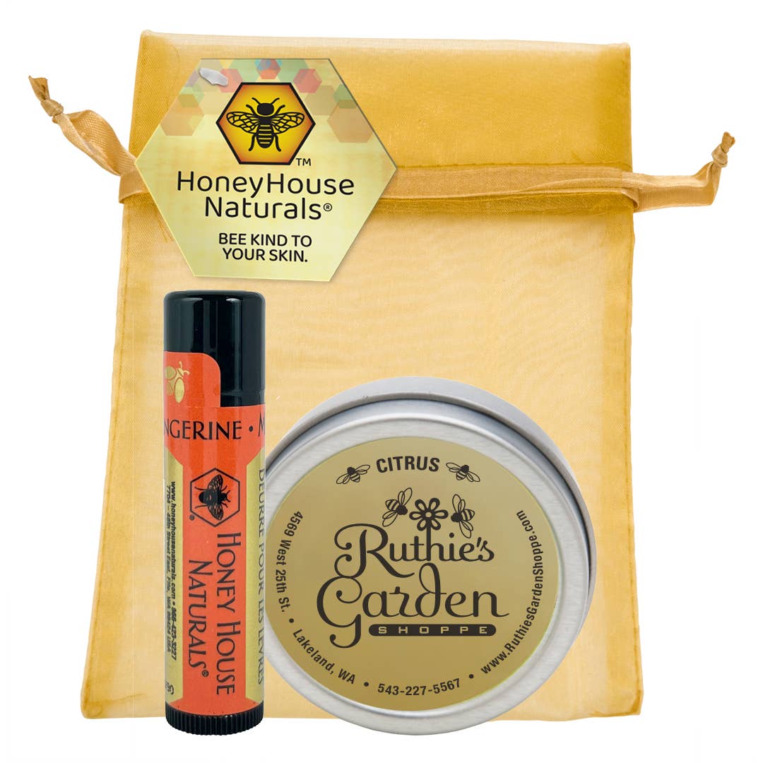 Honey House Naturals 2-Piece Gift Set - Honey Scented Lotion and Raspberry Pomegranate Lip Butter wrapped in a  Gorgeous Gold Organza Bag