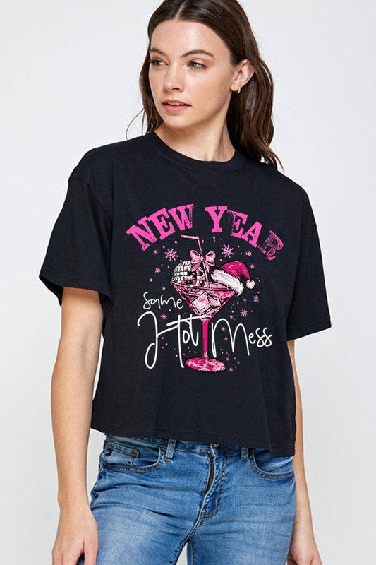 "New Year Same Hot Mess" Hot Pink Graphic on a Black Short Length Relaxed Shirt Length Top