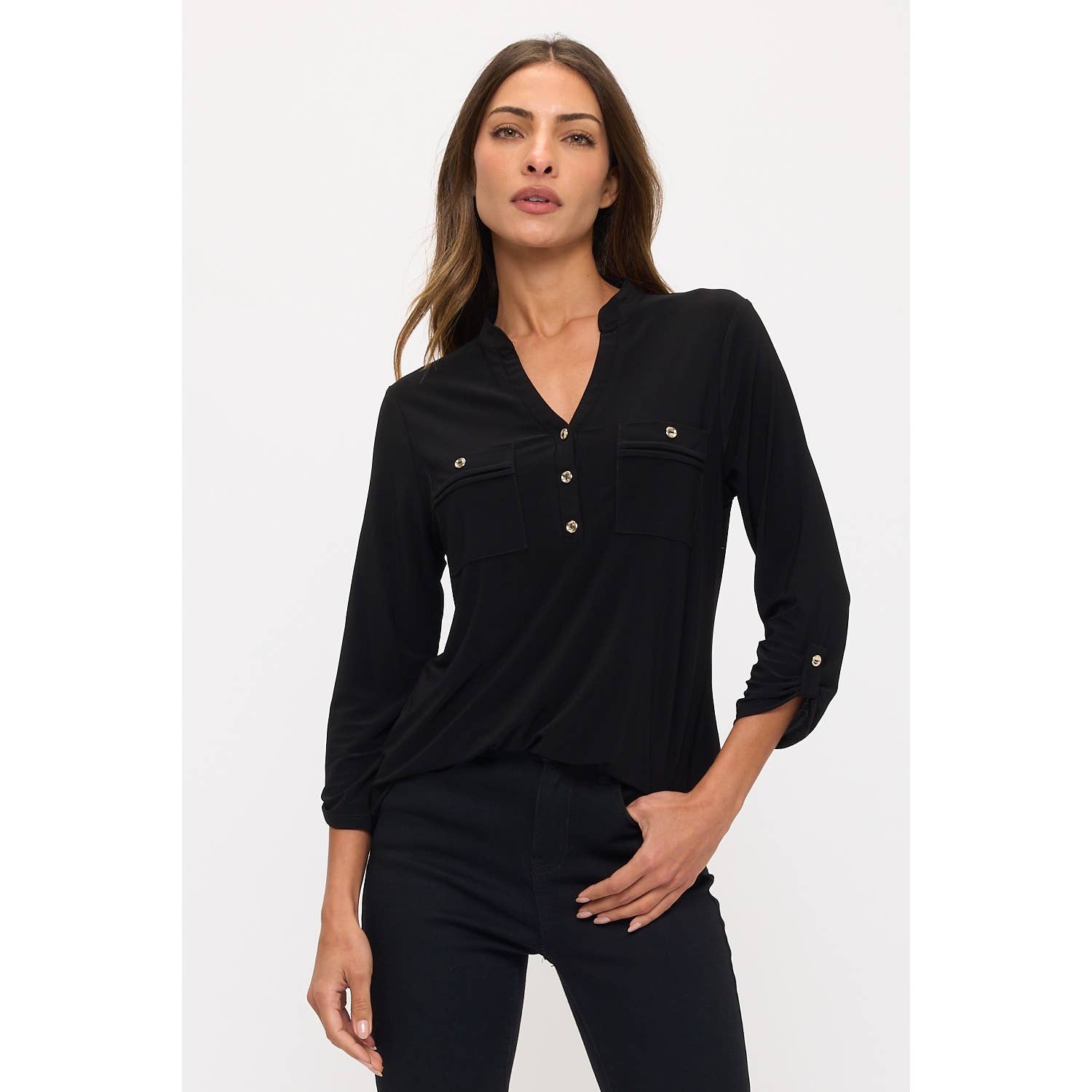 BLACK ROLL TAB HALF PLACKET MANDARIN SHIRT