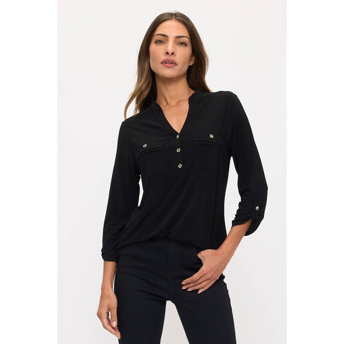BLACK ROLL TAB HALF PLACKET MANDARIN SHIRT
