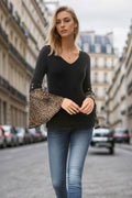 Black V-Neck Luxurious Rayon Wrap Top with Shimmering Leopard Print Bell Long Sleeve Top | Charlotte's Classy Close