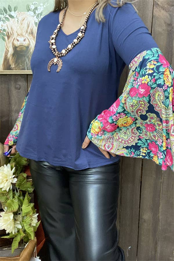 FLORAL LONG BELL SLEEVE NAVY V-NECK WOMEN'S TOP