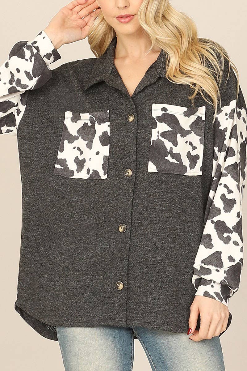 Cow Print Contrast Long Sleeve Front Pocket Shacket
