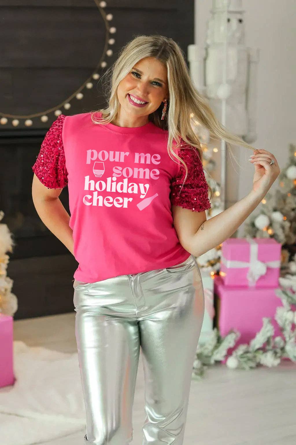 Christmas Holiday "Pour Me Some Holiday Cheer" Graphic Fuchsia Cotton Top with Matching Velvet/Sequins Puff Sleeve - Sizes Ex Small - 2X | New Arrival |  Charlotte's Classy Closet