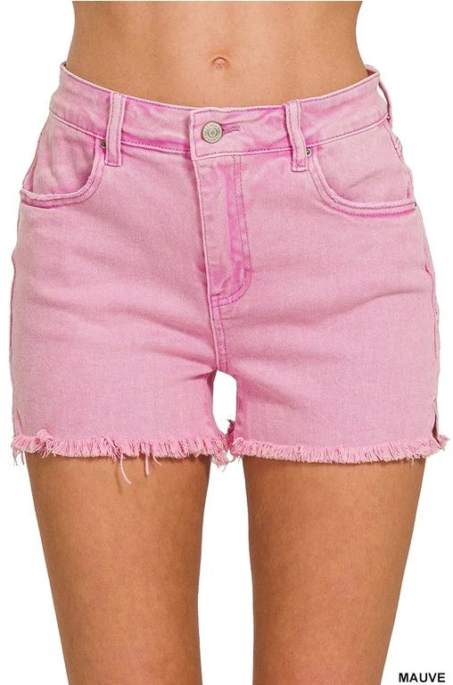 HIGH RISE MAUVE PINK WASHED FRAYED HEM DENIM SHORTS | LARGE ONLY