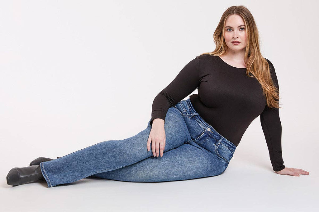 PLUS SIZE TUMMY CONTROL HIGH RISE PREMIUM STRETCH BOOTCUT JEANS | Charlotte's Classy Closet