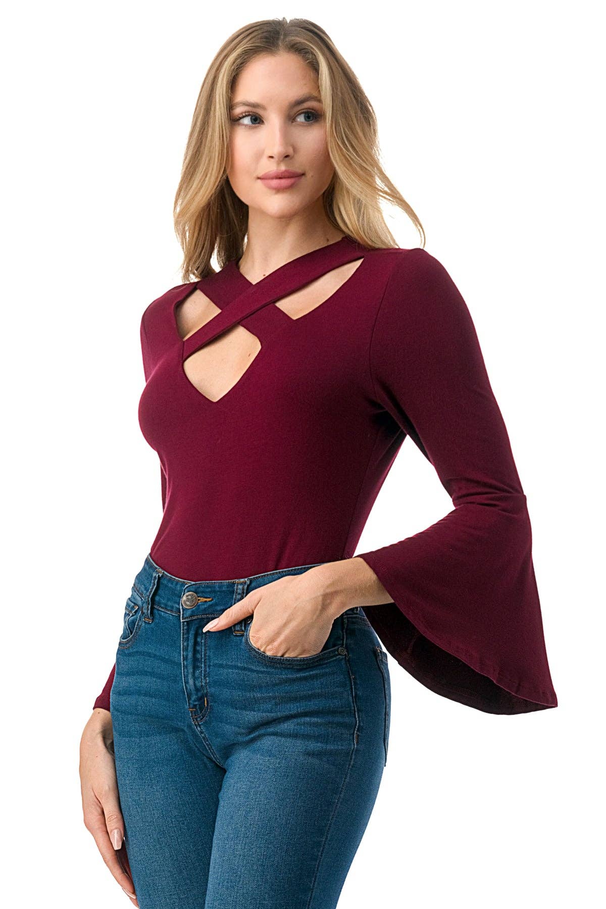 V-NECK CRISS-CROSS NECKLINE LONG BELL SLEEVE TOP | Charlotte's Classy Closet