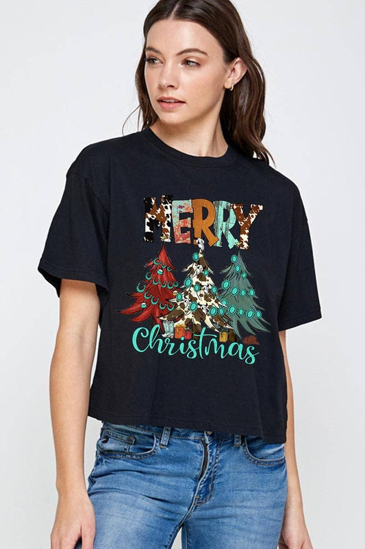 A "Merry Christmas" Trees Graphic on Relaxed Black Crop | Charlotte's Classy Closet
