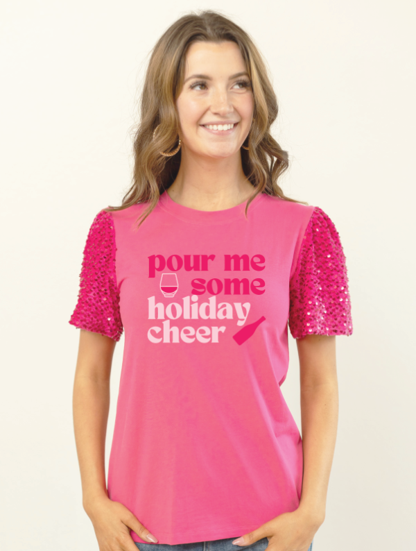 Christmas Holiday "Pour Me Some Holiday Cheer" Graphic Fuchsia Cotton Top with Matching Velvet/Sequins Puff Sleeve - Sizes Ex Small - 2X | New Arrival |  Charlotte's Classy Closet
