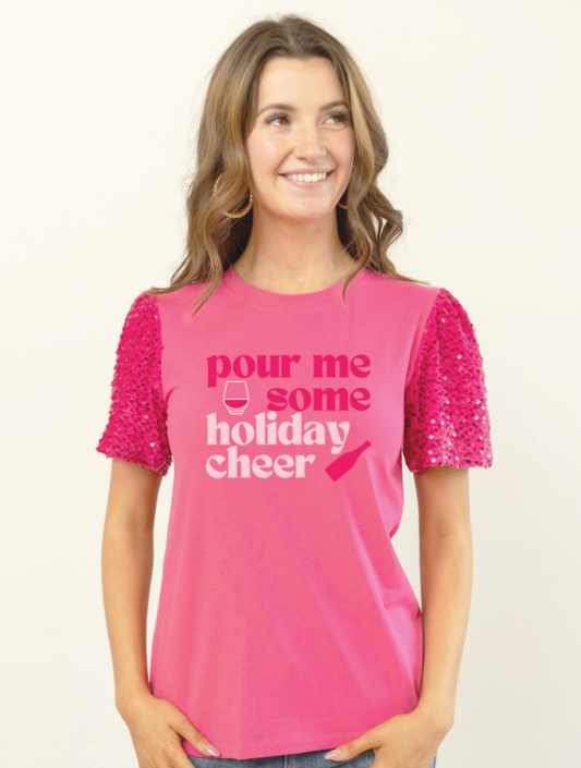 Christmas Holiday "Pour Me Some Holiday Cheer" Graphic Fuchsia Cotton Top with Matching Velvet/Sequins Puff Sleeve - Sizes Ex Small - 2X | New Arrival |  Charlotte's Classy Closet