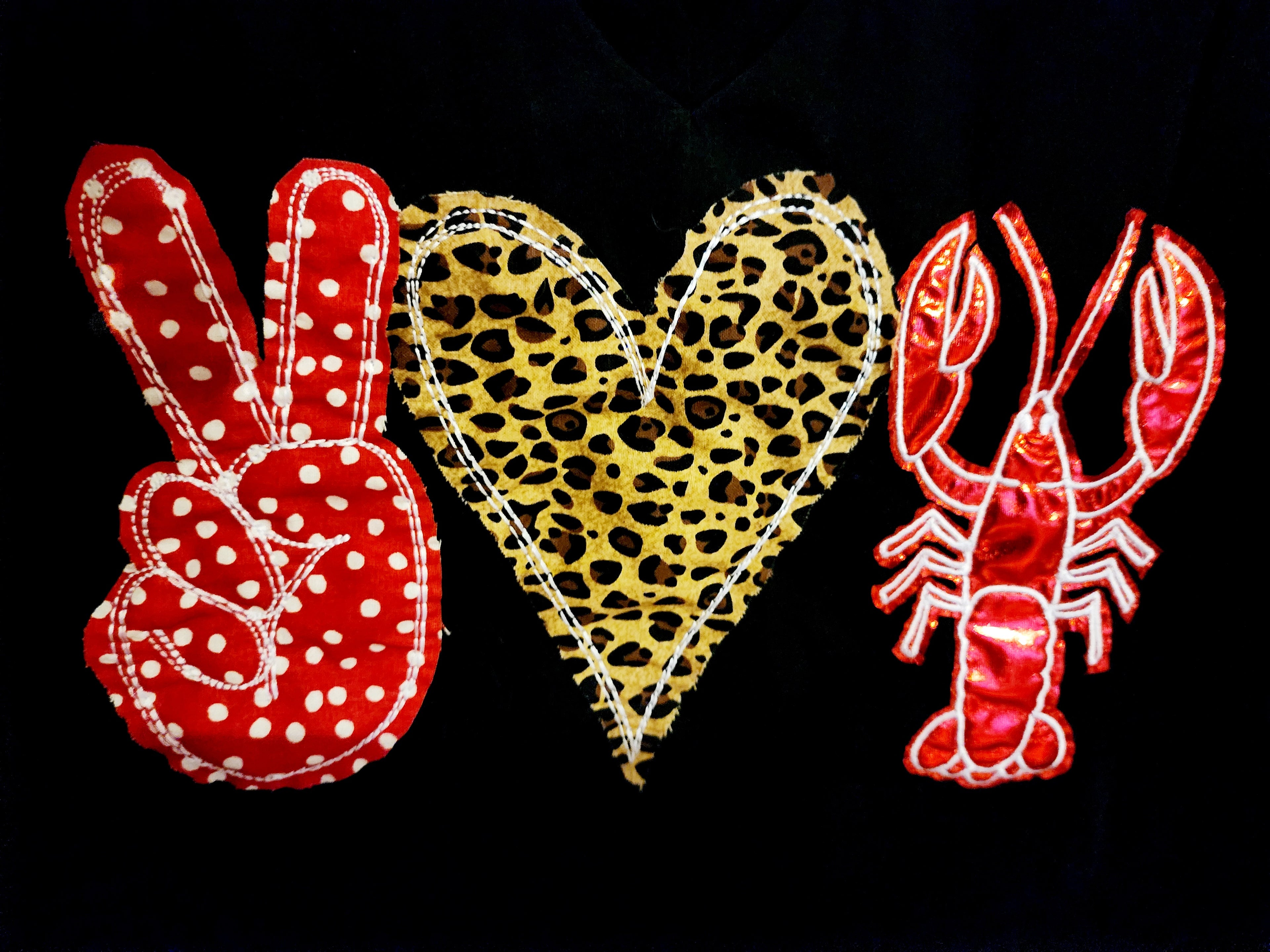 "Peace /Love/Crawfish"  Symbols in Satin and Various Fabrics on Black Short Sleeve V-Neck T-Shirt | Sizes Small-3X | Charlotte's Classy Closet