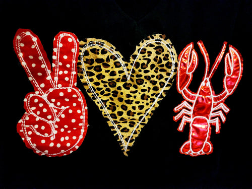"Peace /Love/Crawfish"  Symbols in Satin and Various Fabrics on Black Short Sleeve V-Neck T-Shirt | Sizes Small-3X | Charlotte's Classy Closet
