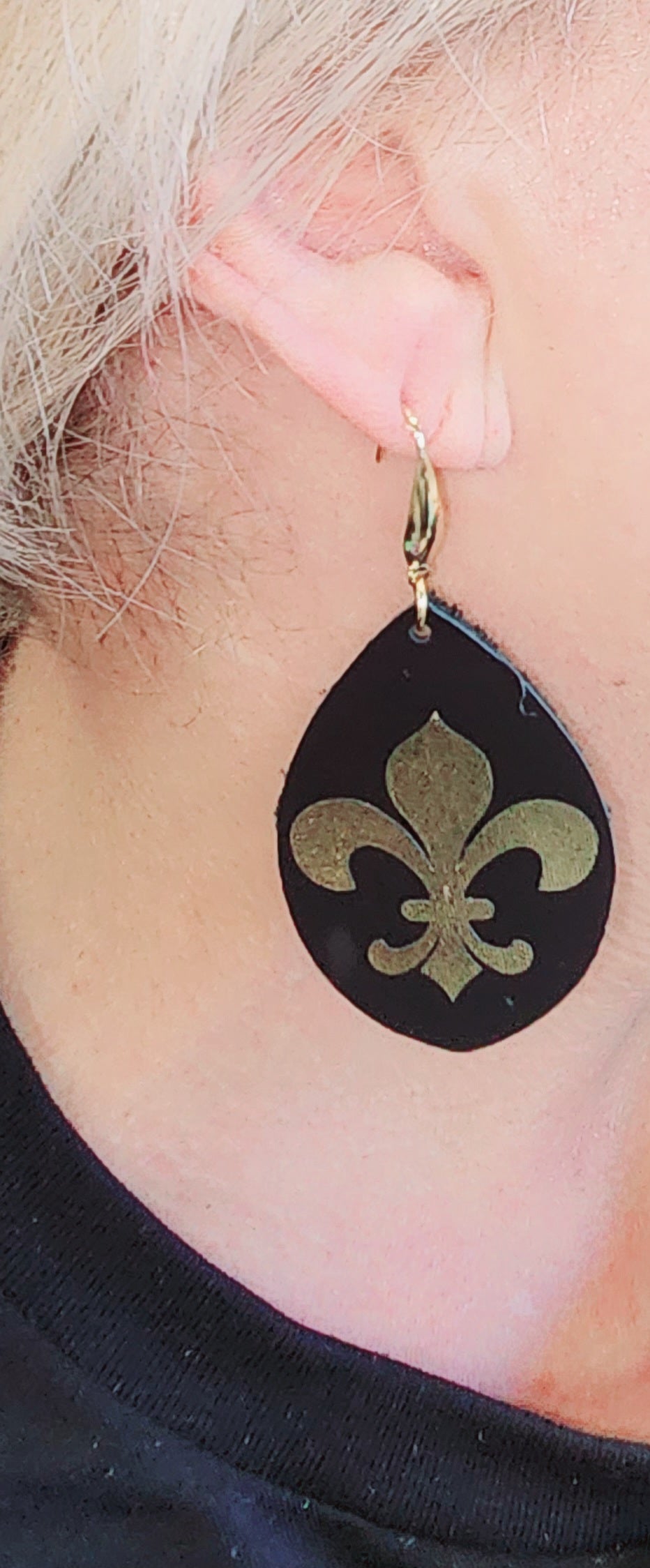 New Orleans Saints Black and Gold Fleur De Lis Genuine Leather Earrings
