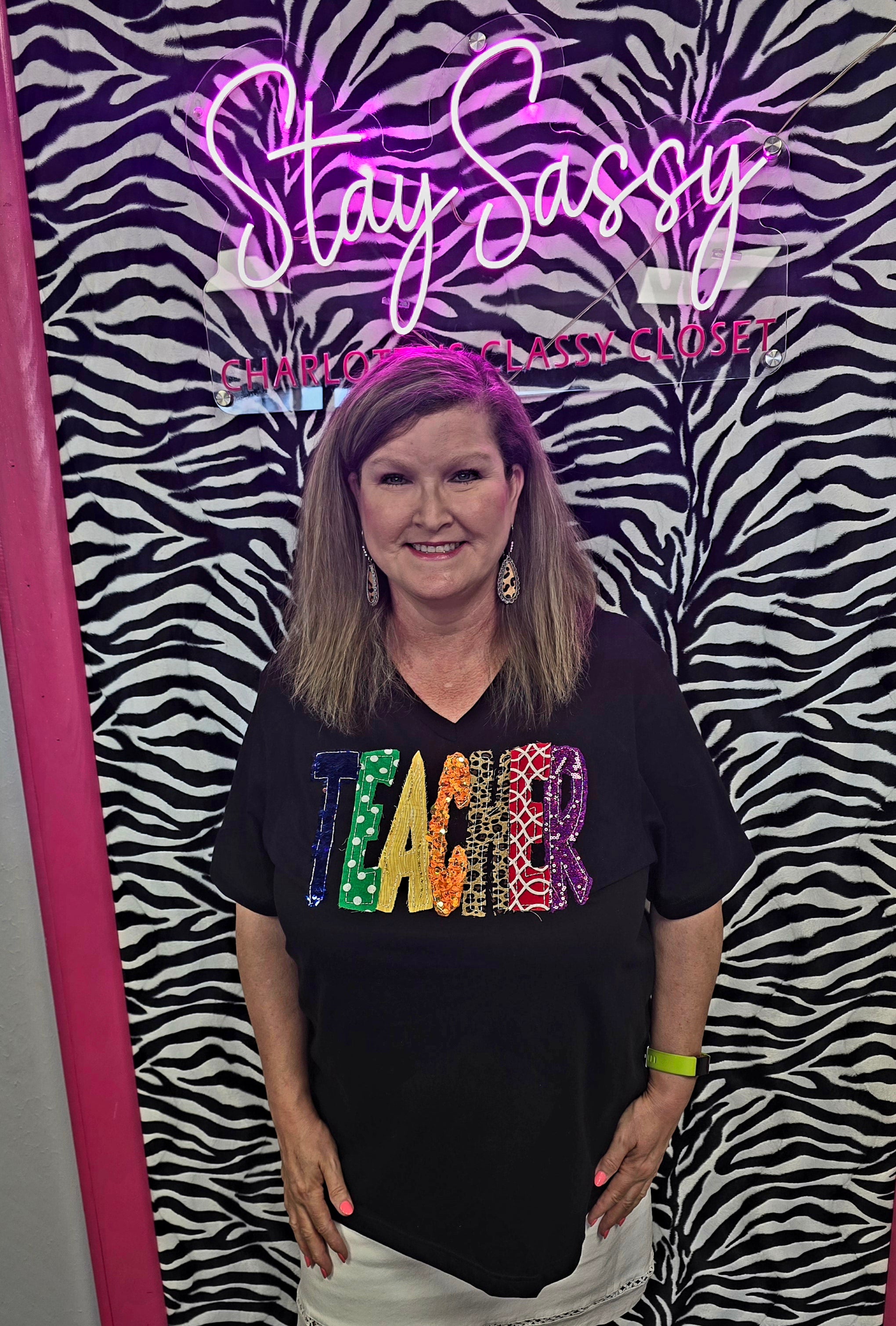 "TEACHER" DOUBLE STACK SEQUINS AND UNIQUE FABRICS BLACK V-NECK T-SHIRT | SMALL & LARGE ONLY | Charlotte's Classy Closet