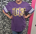 "TIGERS" UNIQUE SEQUIN DOUBLE STACKED LETTERED HEATHERED PURPLE FOOTBALL T-SHIRT | Small - 3X | Charlotte's Classy Closet